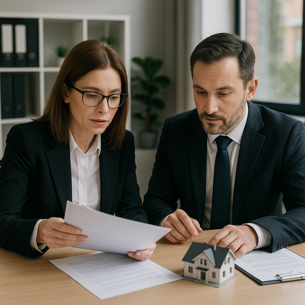 Equipo de empresarios revisando archivos en oficina